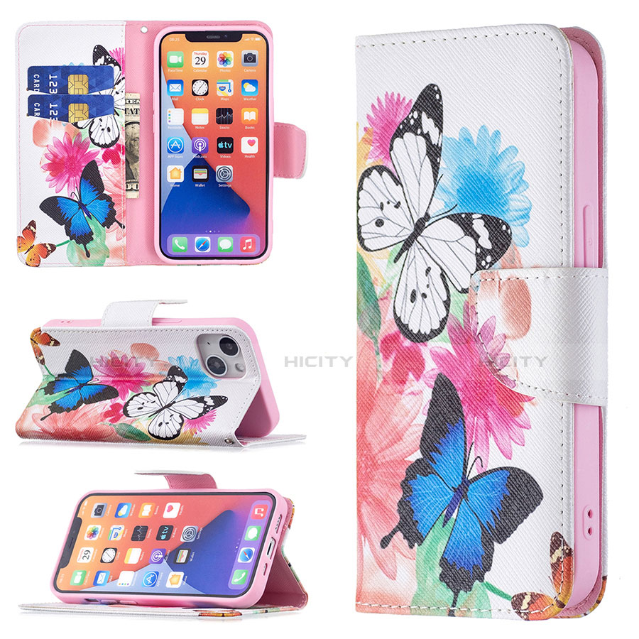 Coque Portefeuille Papillon Livre Cuir Etui Clapet L01 pour Apple iPhone 13 Rose Plus