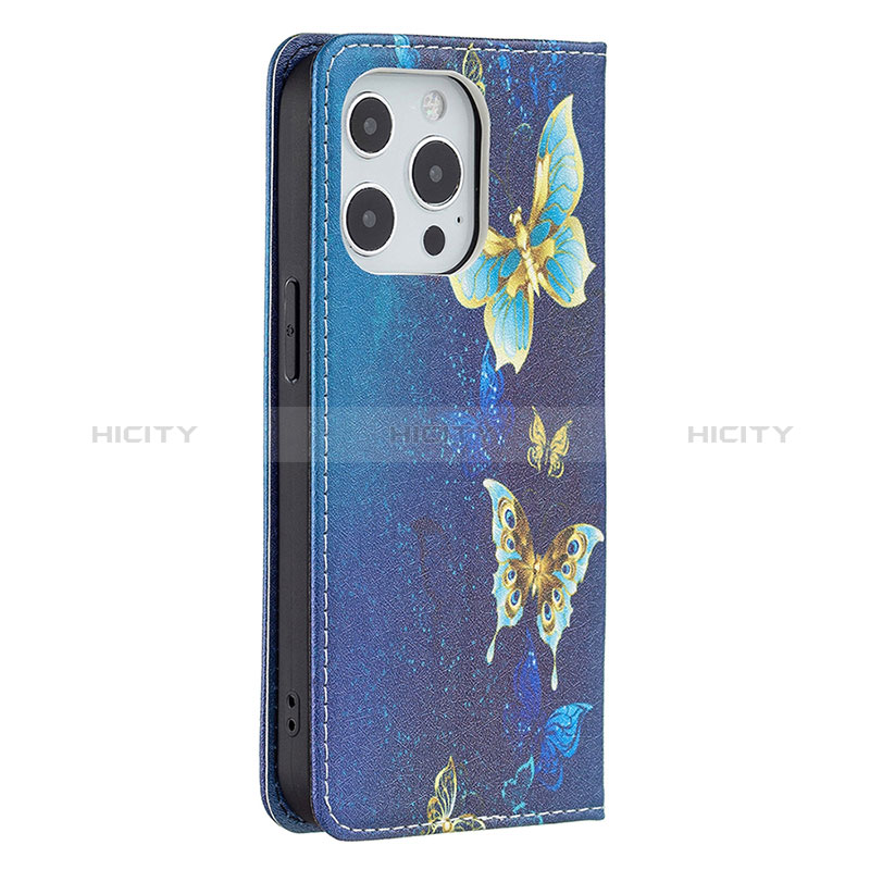 Coque Portefeuille Papillon Livre Cuir Etui Clapet L01 pour Apple iPhone 14 Pro Bleu Plus