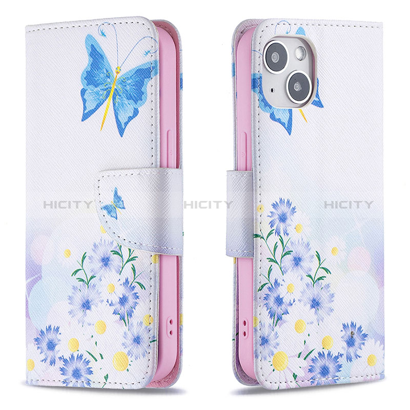 Coque Portefeuille Papillon Livre Cuir Etui Clapet L01 pour Apple iPhone 15 Bleu Plus