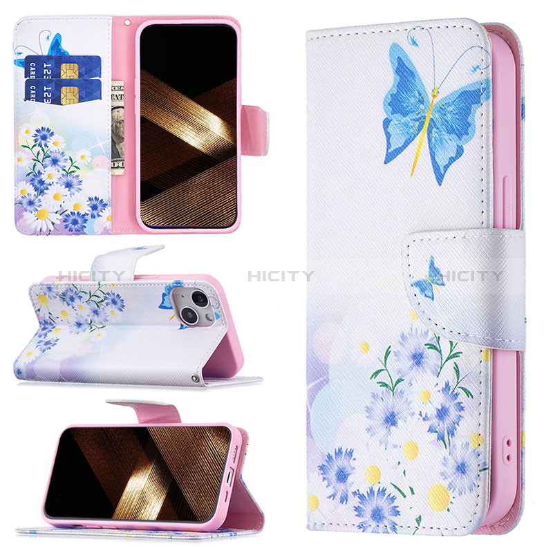 Coque Portefeuille Papillon Livre Cuir Etui Clapet L01 pour Apple iPhone 15 Bleu Plus