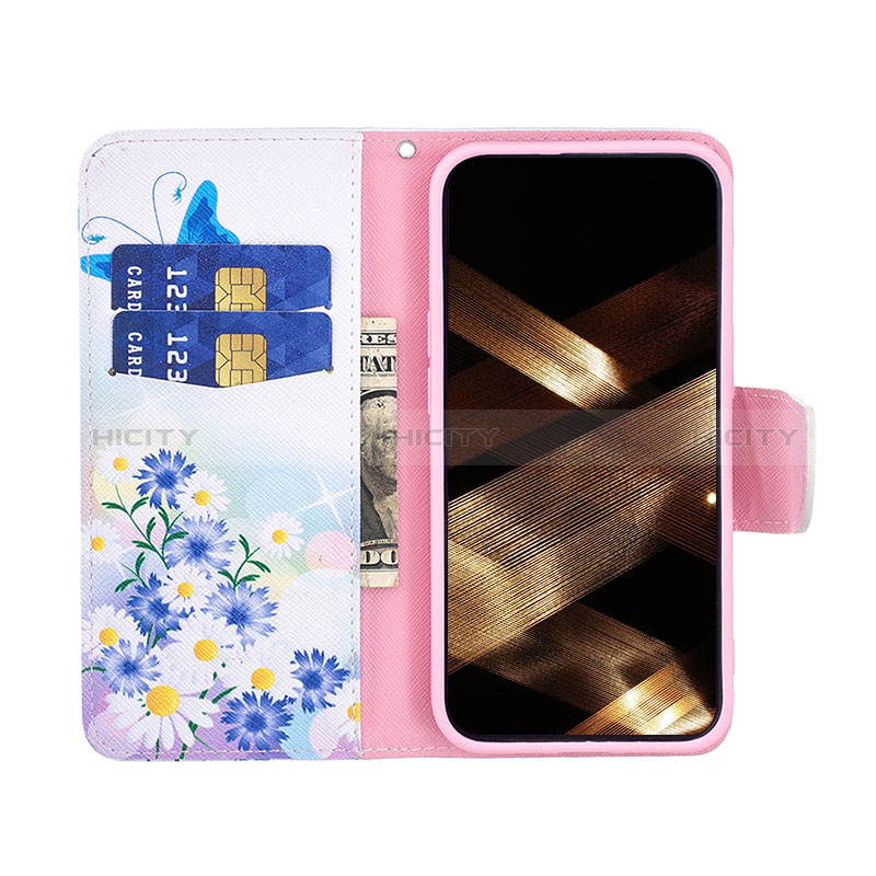 Coque Portefeuille Papillon Livre Cuir Etui Clapet L01 pour Apple iPhone 15 Bleu Plus