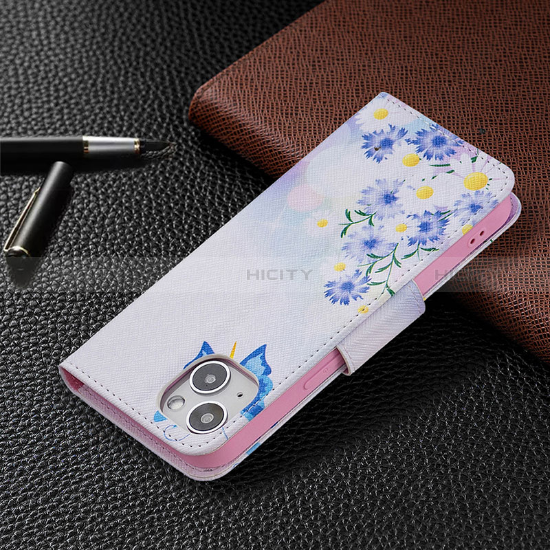 Coque Portefeuille Papillon Livre Cuir Etui Clapet L01 pour Apple iPhone 15 Bleu Plus