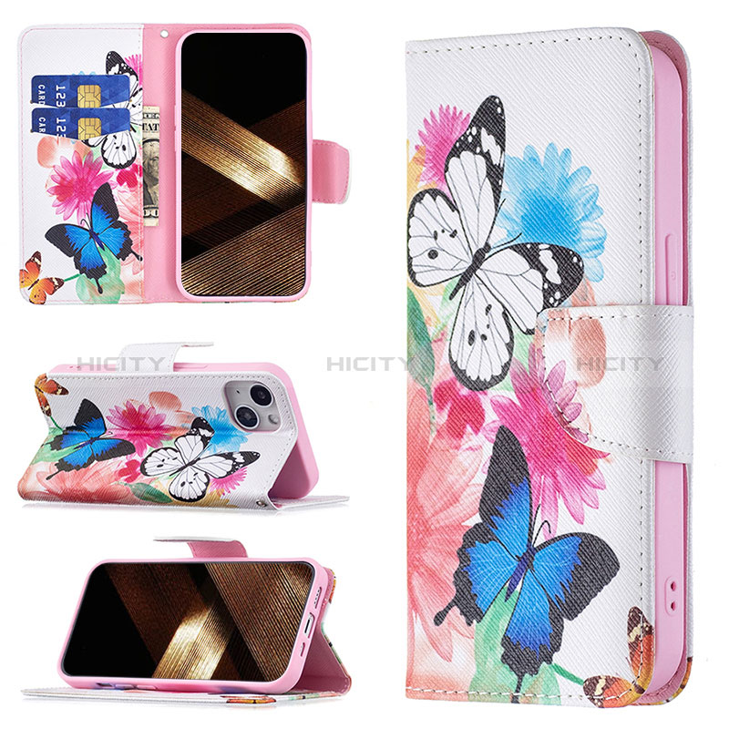 Coque Portefeuille Papillon Livre Cuir Etui Clapet L01 pour Apple iPhone 15 Plus Rose Plus