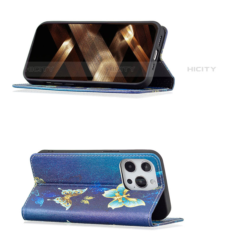 Coque Portefeuille Papillon Livre Cuir Etui Clapet L01 pour Apple iPhone 15 Pro Max Bleu Plus