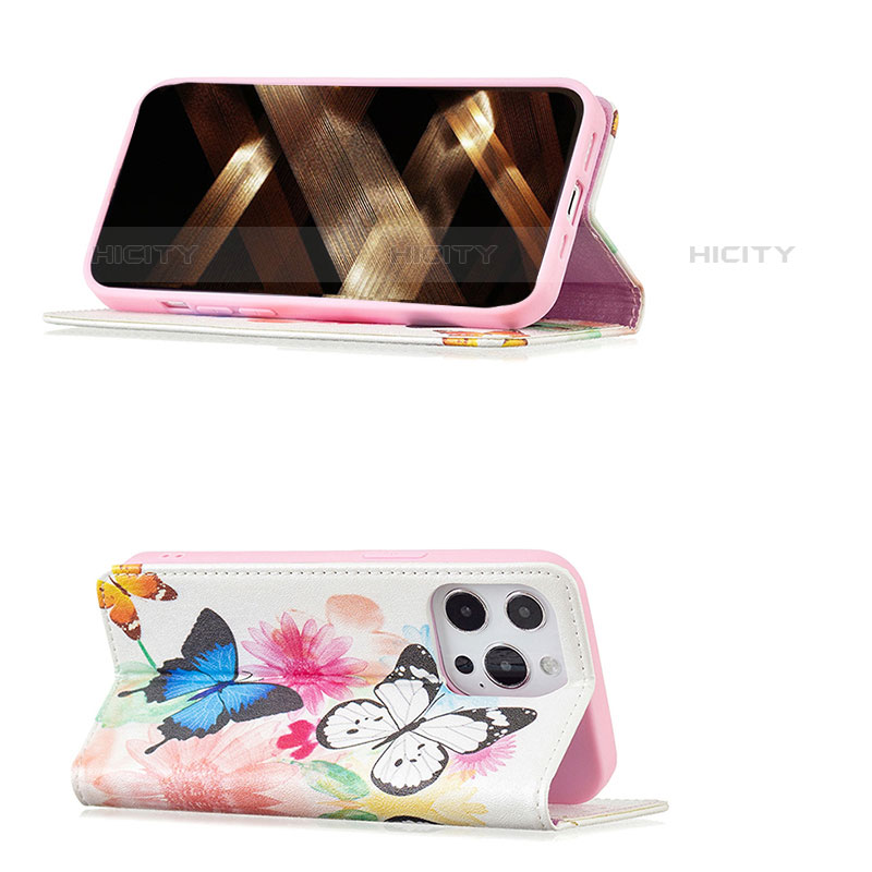 Coque Portefeuille Papillon Livre Cuir Etui Clapet L01 pour Apple iPhone 15 Pro Max Rose Plus