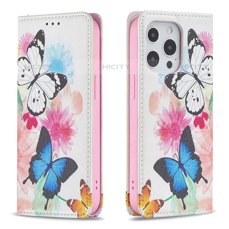 Coque Portefeuille Papillon Livre Cuir Etui Clapet L01 pour Apple iPhone 15 Pro Rose Plus