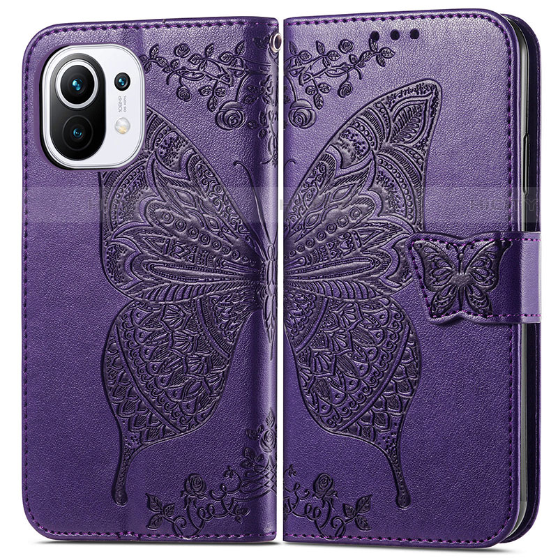 Coque Portefeuille Papillon Livre Cuir Etui Clapet L02 pour Xiaomi Mi 11 5G Violet Plus