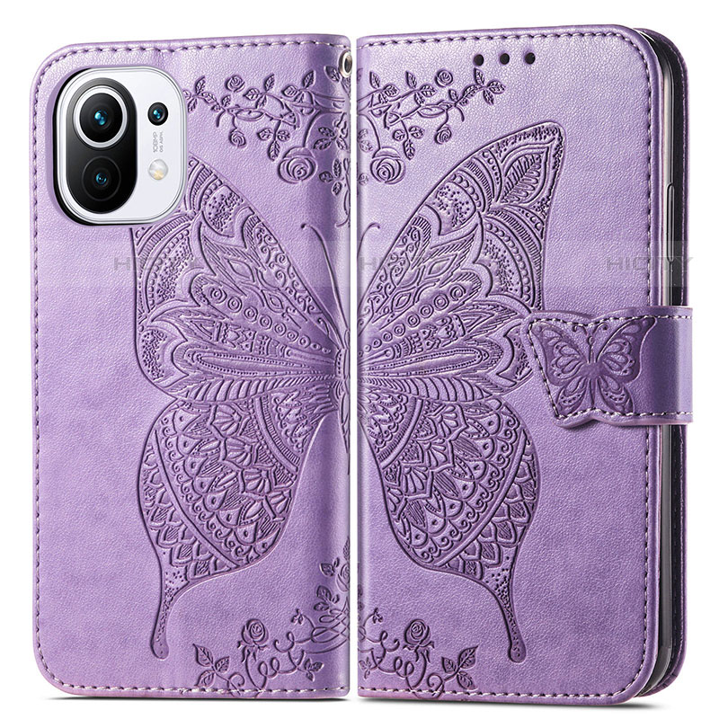 Coque Portefeuille Papillon Livre Cuir Etui Clapet L02 pour Xiaomi Mi 11 Lite 5G NE Violet Clair Plus