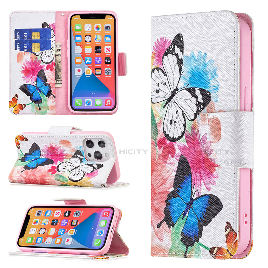 Coque Portefeuille Papillon Livre Cuir Etui Clapet L03 pour Apple iPhone 13 Pro Max Rose Plus