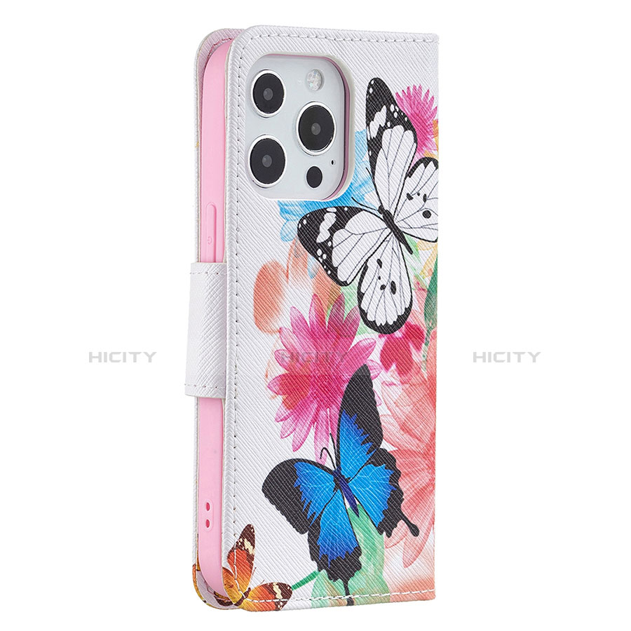 Coque Portefeuille Papillon Livre Cuir Etui Clapet L03 pour Apple iPhone 13 Pro Max Rose Plus