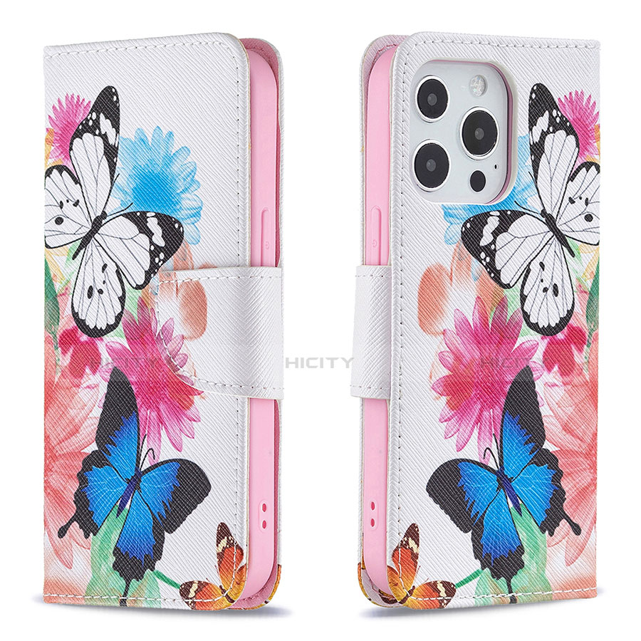 Coque Portefeuille Papillon Livre Cuir Etui Clapet L03 pour Apple iPhone 13 Pro Max Rose Plus