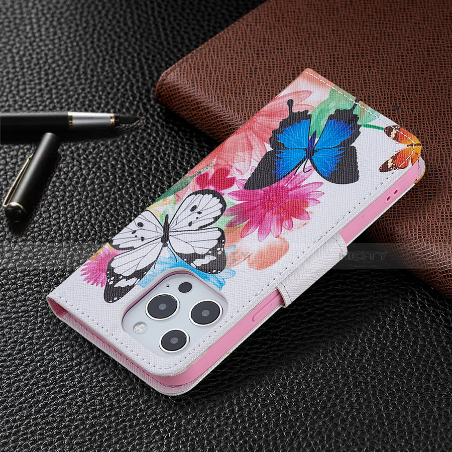 Coque Portefeuille Papillon Livre Cuir Etui Clapet L03 pour Apple iPhone 13 Pro Max Rose Plus