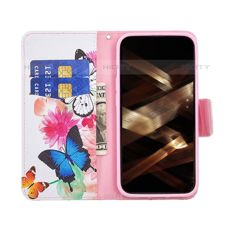 Coque Portefeuille Papillon Livre Cuir Etui Clapet L03 pour Apple iPhone 15 Pro Max Rose Plus