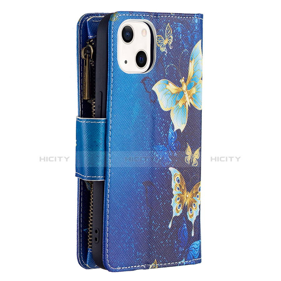 Coque Portefeuille Papillon Livre Cuir Etui Clapet L04 pour Apple iPhone 13 Mini Bleu Plus