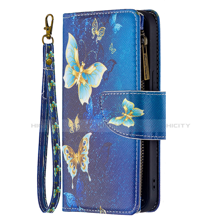 Coque Portefeuille Papillon Livre Cuir Etui Clapet L04 pour Apple iPhone 14 Bleu Plus