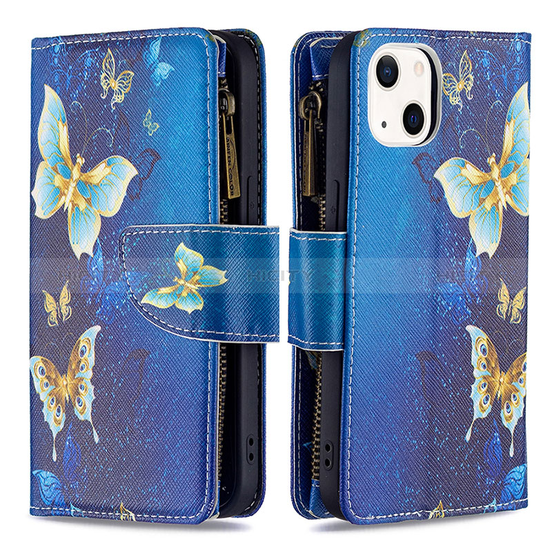 Coque Portefeuille Papillon Livre Cuir Etui Clapet L04 pour Apple iPhone 15 Bleu Plus