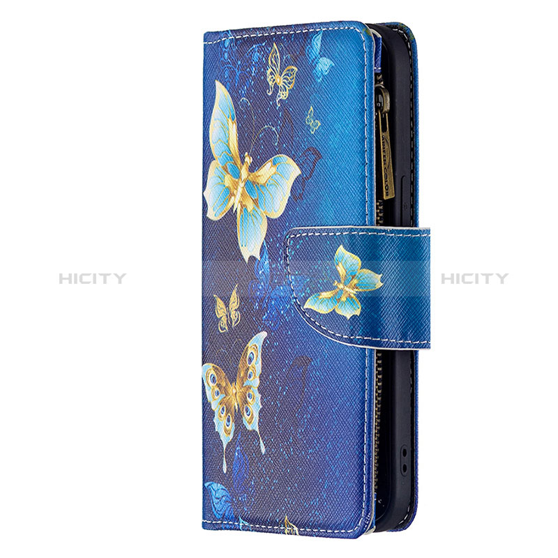 Coque Portefeuille Papillon Livre Cuir Etui Clapet L04 pour Apple iPhone 15 Bleu Plus