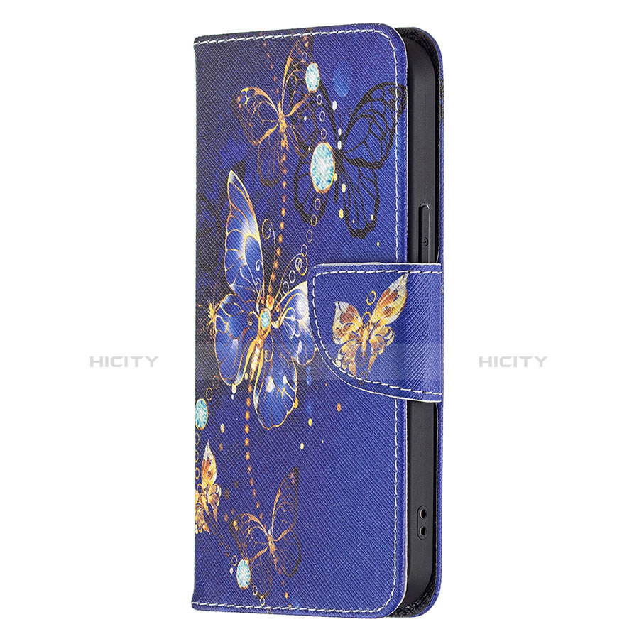 Coque Portefeuille Papillon Livre Cuir Etui Clapet L07 pour Apple iPhone 13 Pro Bleu Royal Plus