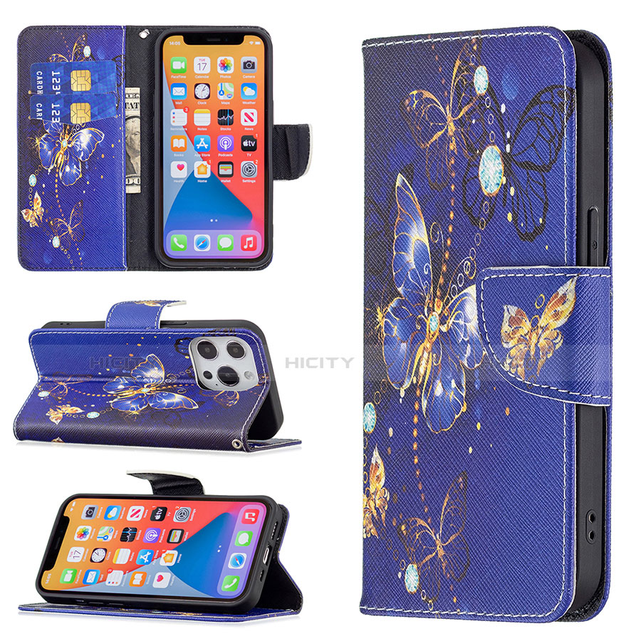 Coque Portefeuille Papillon Livre Cuir Etui Clapet L07 pour Apple iPhone 13 Pro Max Bleu Royal Plus