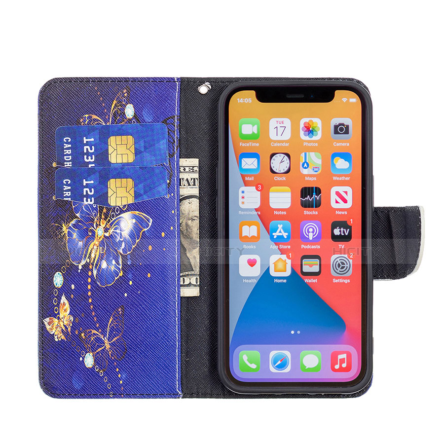 Coque Portefeuille Papillon Livre Cuir Etui Clapet L07 pour Apple iPhone 13 Pro Max Bleu Royal Plus