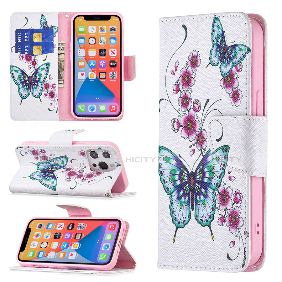 Coque Portefeuille Papillon Livre Cuir Etui Clapet L07 pour Apple iPhone 13 Pro Max Rose Plus