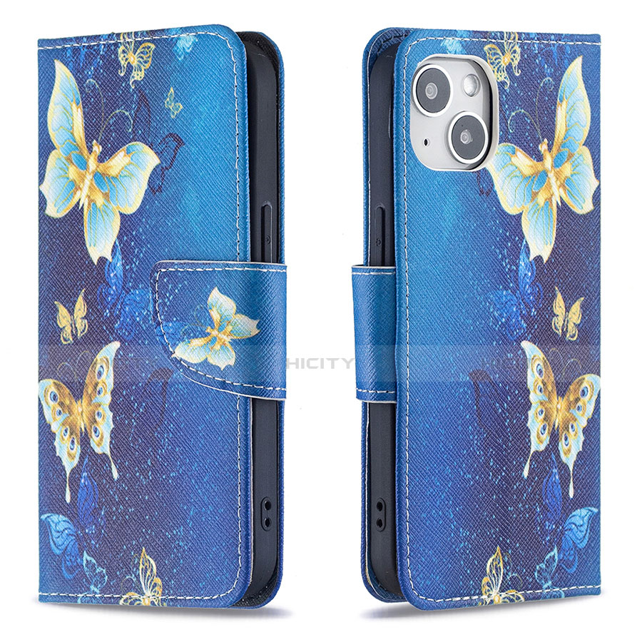 Coque Portefeuille Papillon Livre Cuir Etui Clapet L07 pour Apple iPhone 14 Bleu Plus