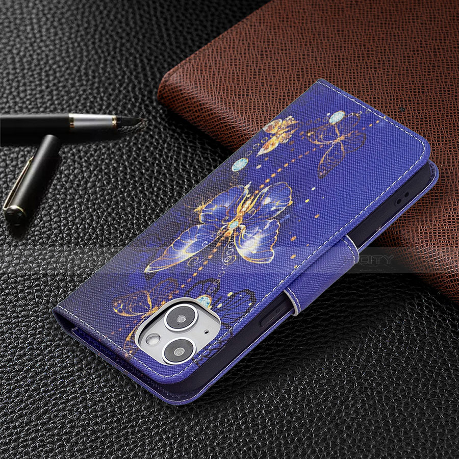 Coque Portefeuille Papillon Livre Cuir Etui Clapet L07 pour Apple iPhone 14 Bleu Royal Plus