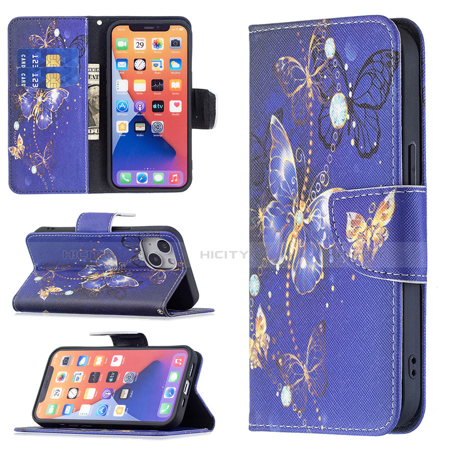 Coque Portefeuille Papillon Livre Cuir Etui Clapet L07 pour Apple iPhone 14 Plus Bleu Royal Plus