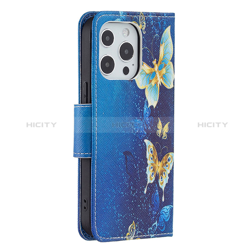 Coque Portefeuille Papillon Livre Cuir Etui Clapet L07 pour Apple iPhone 14 Pro Bleu Plus