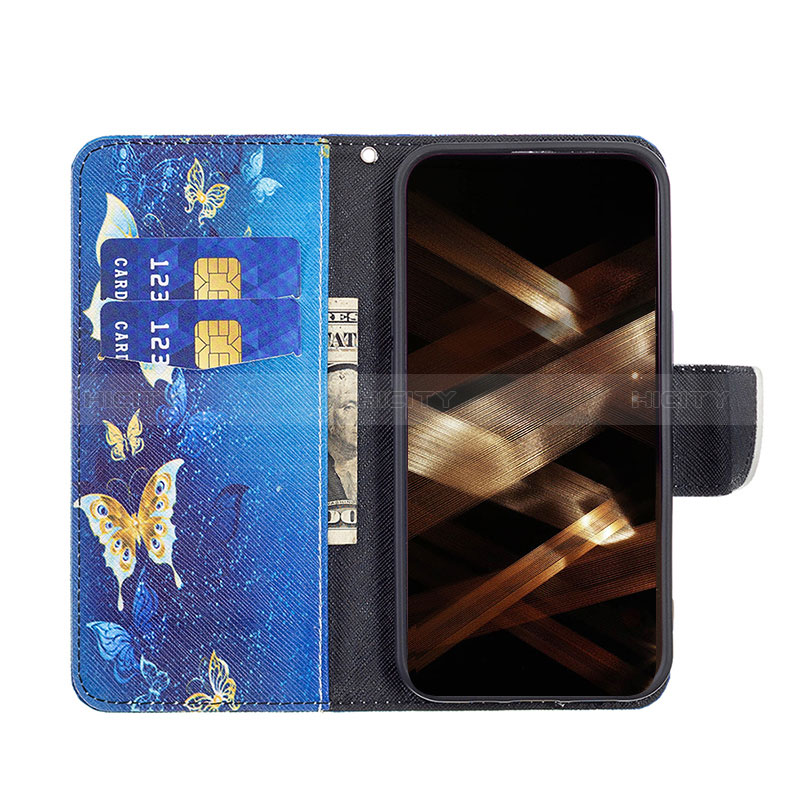 Coque Portefeuille Papillon Livre Cuir Etui Clapet L07 pour Apple iPhone 14 Pro Bleu Plus