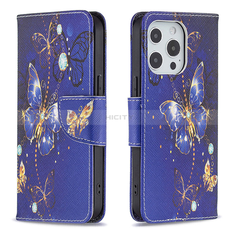 Coque Portefeuille Papillon Livre Cuir Etui Clapet L07 pour Apple iPhone 14 Pro Bleu Royal Plus