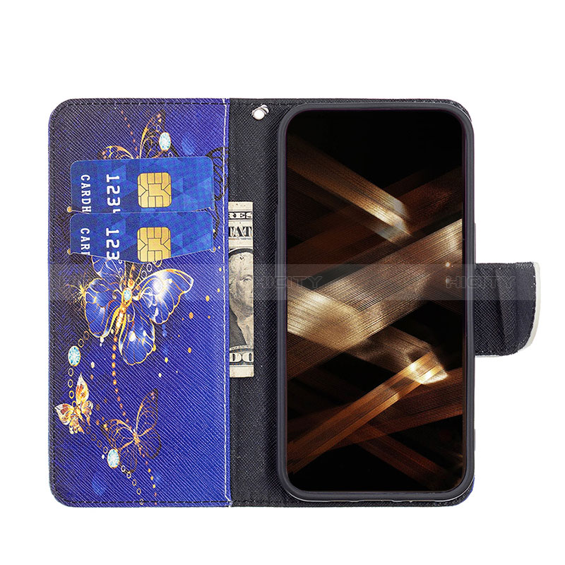 Coque Portefeuille Papillon Livre Cuir Etui Clapet L07 pour Apple iPhone 14 Pro Bleu Royal Plus