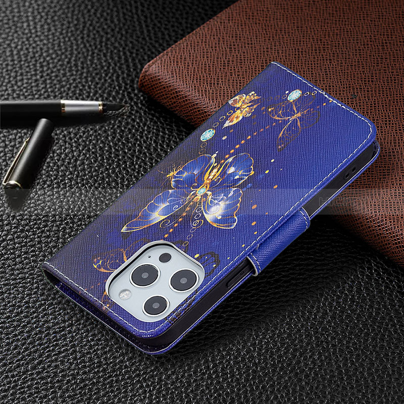 Coque Portefeuille Papillon Livre Cuir Etui Clapet L07 pour Apple iPhone 14 Pro Bleu Royal Plus