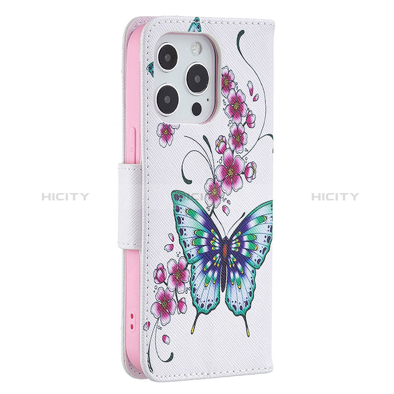 Coque Portefeuille Papillon Livre Cuir Etui Clapet L07 pour Apple iPhone 14 Pro Rose Plus