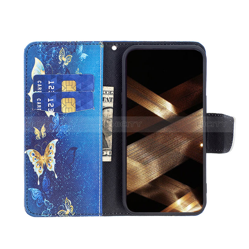 Coque Portefeuille Papillon Livre Cuir Etui Clapet L07 pour Apple iPhone 15 Bleu Plus