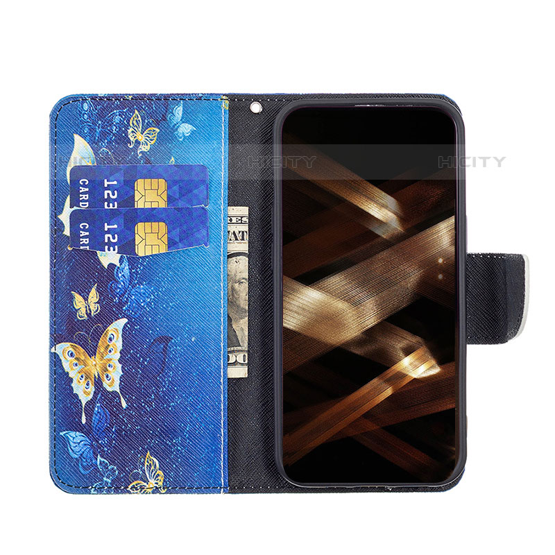 Coque Portefeuille Papillon Livre Cuir Etui Clapet L07 pour Apple iPhone 15 Pro Max Bleu Plus