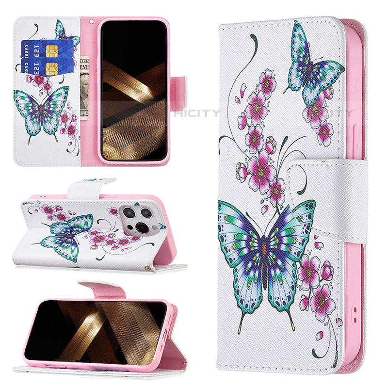 Coque Portefeuille Papillon Livre Cuir Etui Clapet L07 pour Apple iPhone 15 Pro Max Rose Plus