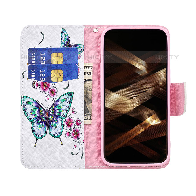 Coque Portefeuille Papillon Livre Cuir Etui Clapet L07 pour Apple iPhone 15 Pro Max Rose Plus