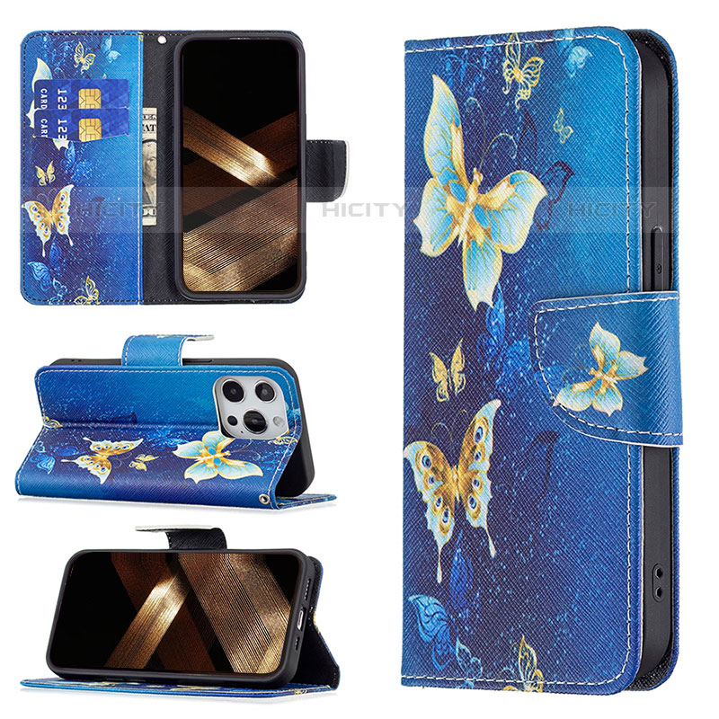 Coque Portefeuille Papillon Livre Cuir Etui Clapet L07 pour Apple iPhone 16 Pro Max Bleu Plus