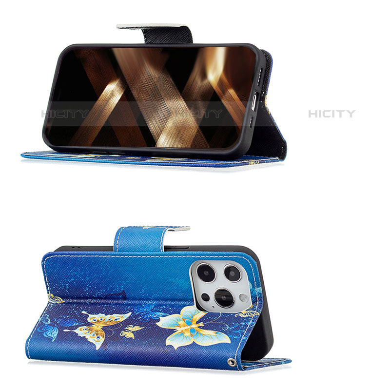 Coque Portefeuille Papillon Livre Cuir Etui Clapet L07 pour Apple iPhone 16 Pro Max Bleu Plus