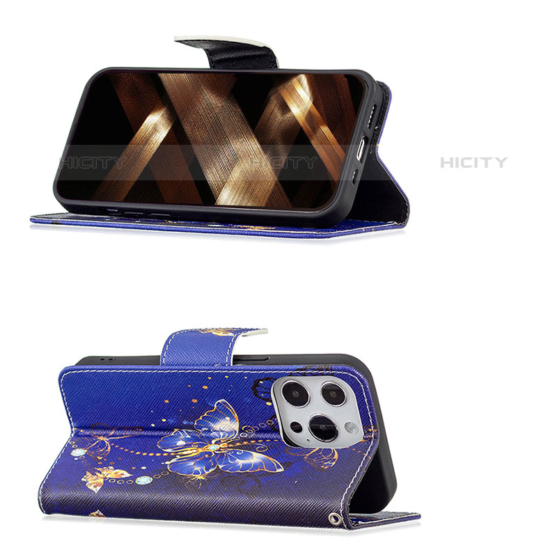 Coque Portefeuille Papillon Livre Cuir Etui Clapet L07 pour Apple iPhone 16 Pro Max Bleu Royal Plus