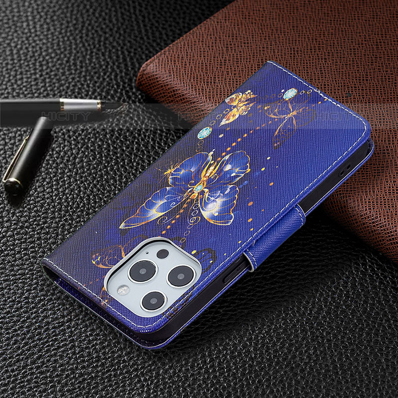 Coque Portefeuille Papillon Livre Cuir Etui Clapet L07 pour Apple iPhone 16 Pro Max Bleu Royal Plus