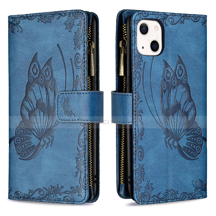 Coque Portefeuille Papillon Livre Cuir Etui Clapet L08 pour Apple iPhone 13 Bleu Plus