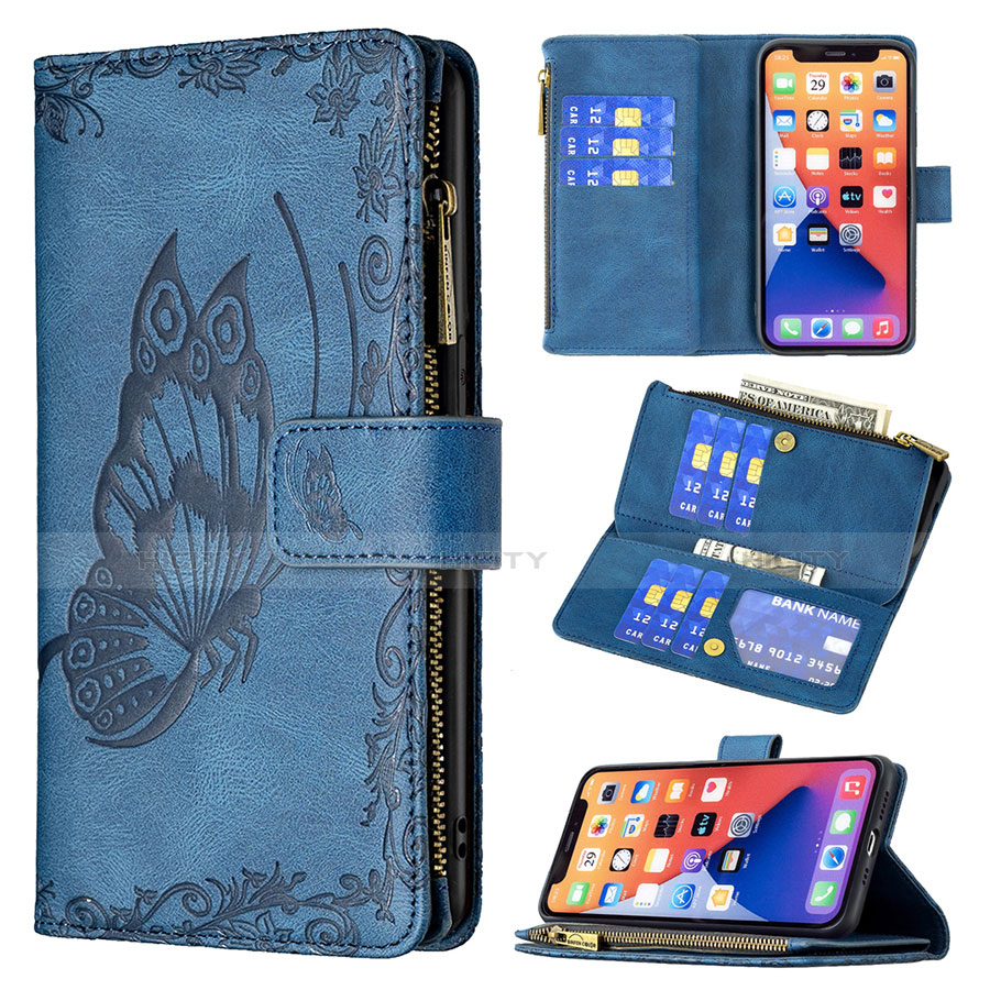 Coque Portefeuille Papillon Livre Cuir Etui Clapet L08 pour Apple iPhone 13 Bleu Plus