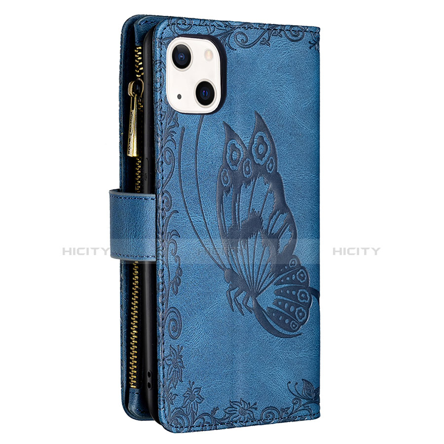 Coque Portefeuille Papillon Livre Cuir Etui Clapet L08 pour Apple iPhone 13 Bleu Plus