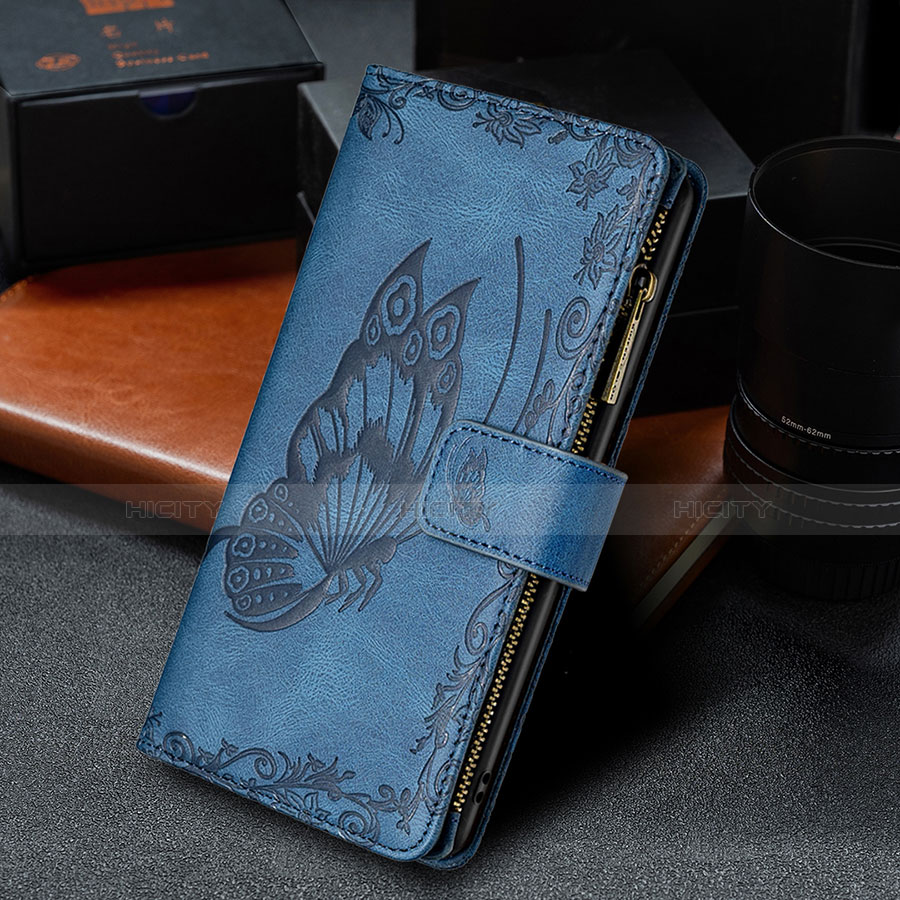 Coque Portefeuille Papillon Livre Cuir Etui Clapet L08 pour Apple iPhone 13 Bleu Plus