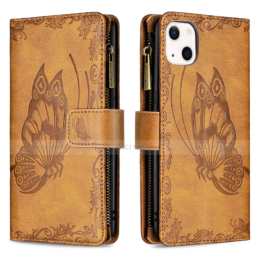 Coque Portefeuille Papillon Livre Cuir Etui Clapet L08 pour Apple iPhone 13 Mini Marron Plus