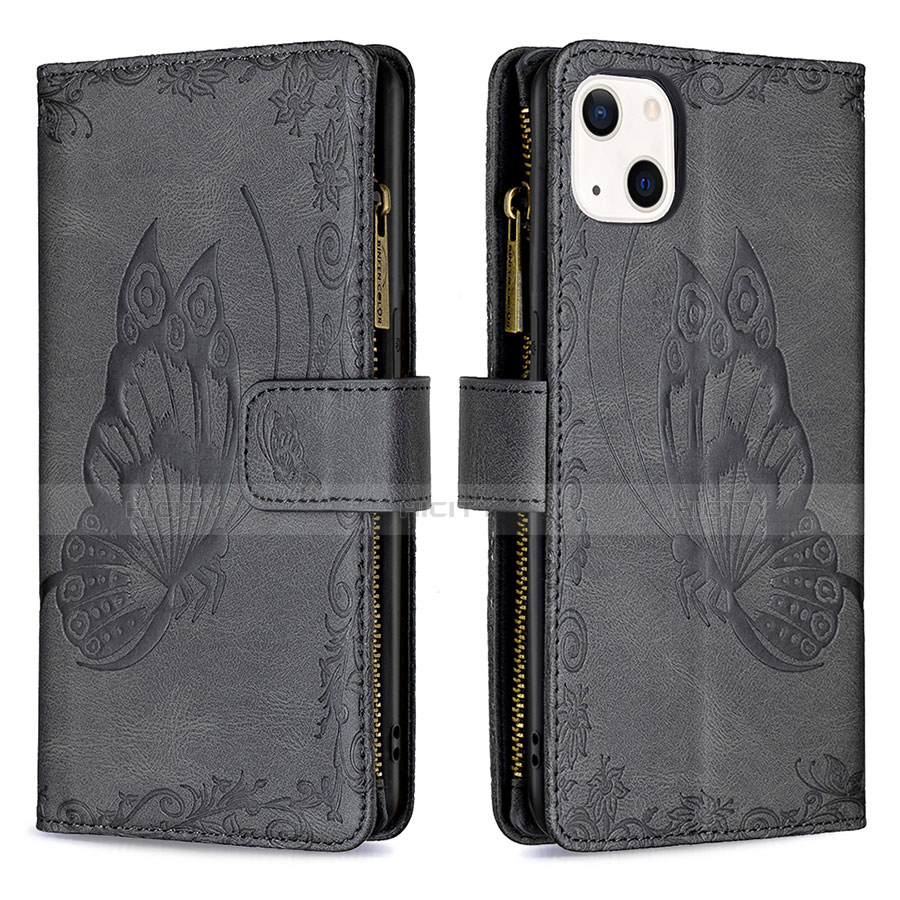 Coque Portefeuille Papillon Livre Cuir Etui Clapet L08 pour Apple iPhone 13 Mini Noir Plus