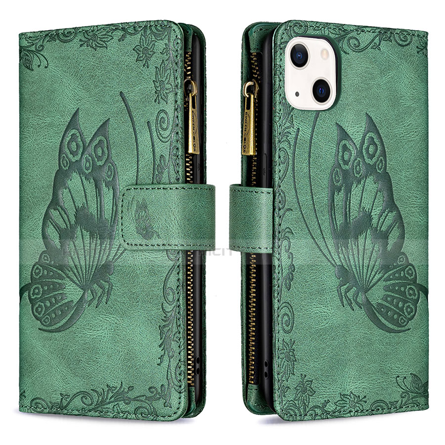 Coque Portefeuille Papillon Livre Cuir Etui Clapet L08 pour Apple iPhone 13 Mini Vert Plus