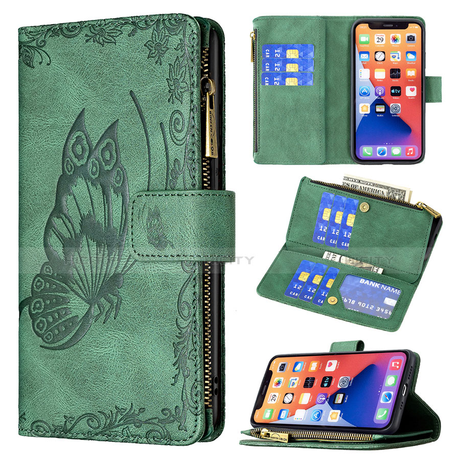 Coque Portefeuille Papillon Livre Cuir Etui Clapet L08 pour Apple iPhone 13 Mini Vert Plus